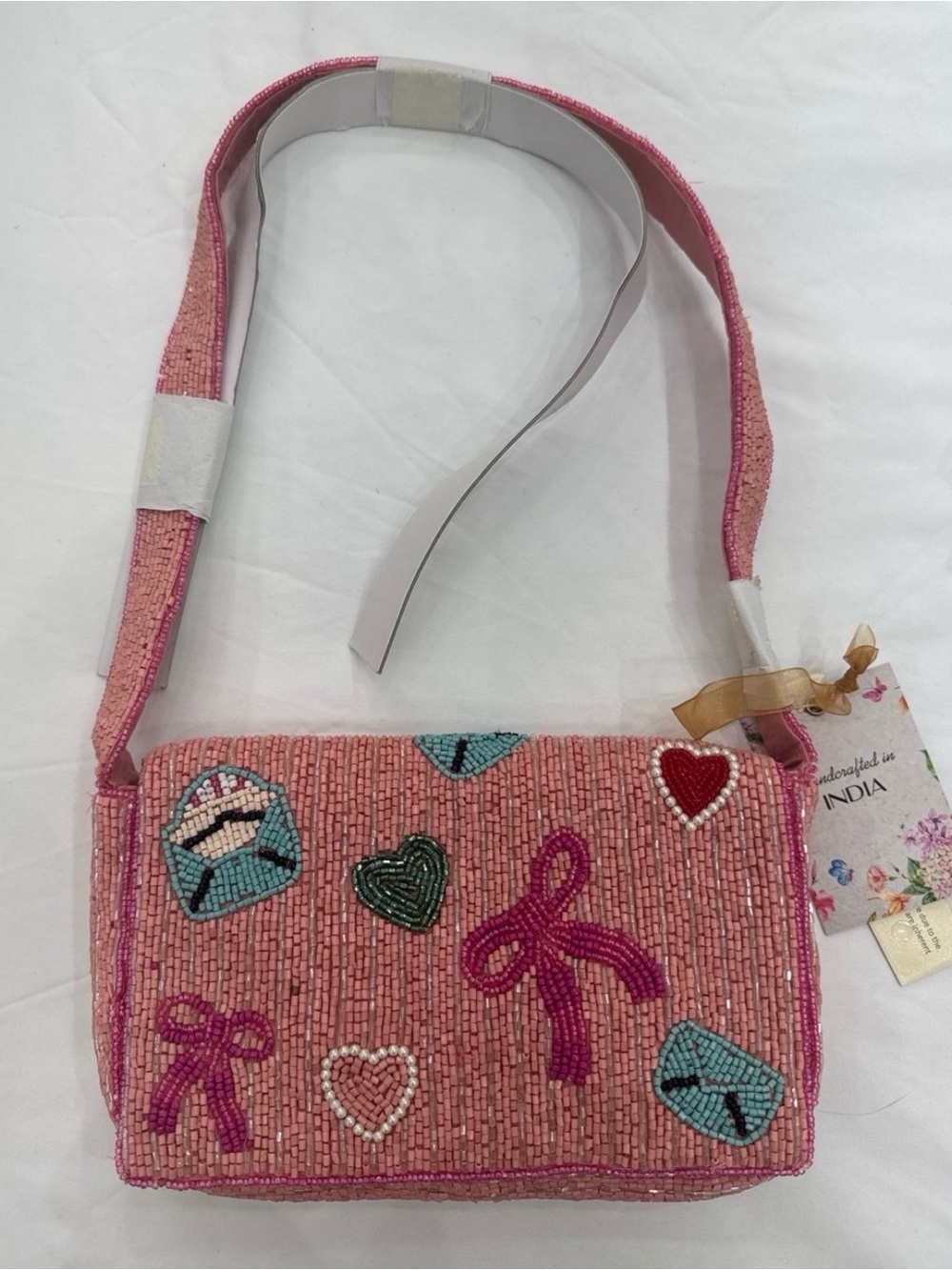 Beaded Pink Crossbody Bag with Heart, Bow and Envelope Motifs